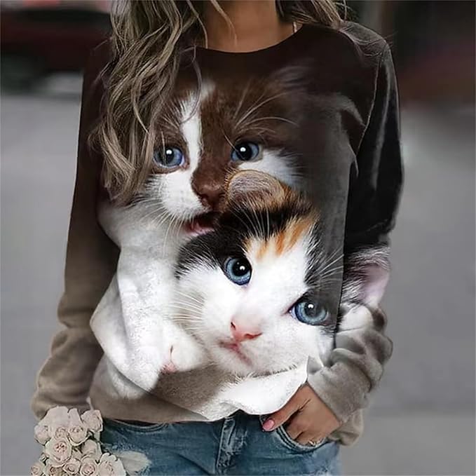 IVERIRMIN Women's 3D Cute Cat Print Sweatshirt Casual Long Sleeve Crewneck Cute Cat Pullover Loose Fit Shirts