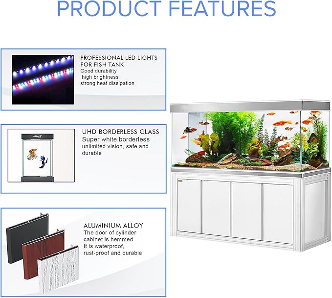 230 Gallon Aquarium Tempered Ultra-Clear Glass with Complete Setup in White with Silver Trims