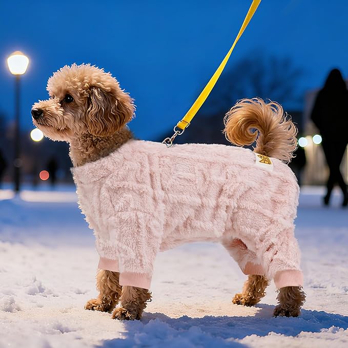 Plush Dog Pajamas for for Small Dogs Cats, Dog Sweater with Leash Ring Ultra Soft Warm Pet Clothes Puppy Onesie Outfits Doggy Pjs Jumpsuit for Winter Christmas (Pink, Large)