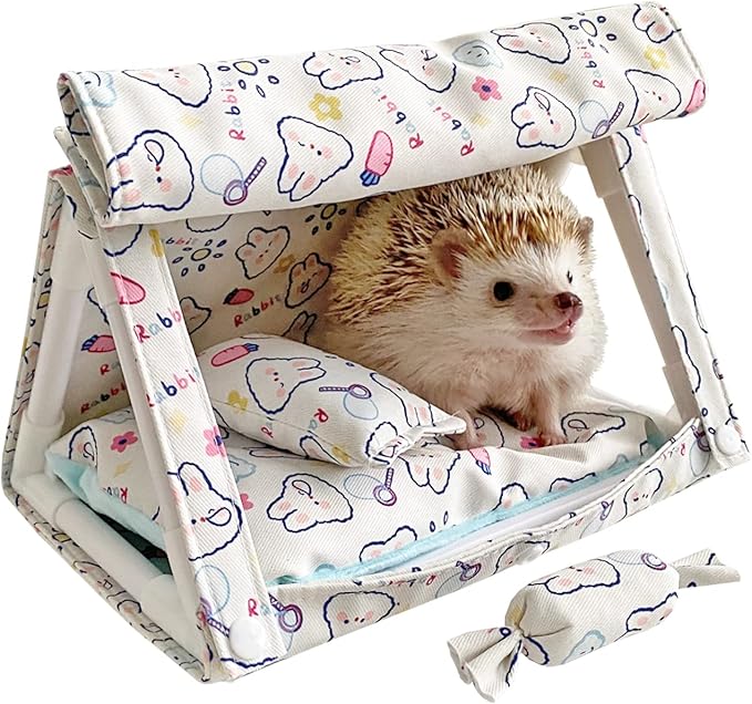 Portable Multi-Function Small Animal Bed Tents House Cave Habitat Hideout with Hidey Curtain for Hamster/Mice/Gerbil Rats/Hedgehog Nest Cushion Beds 2 Pillows