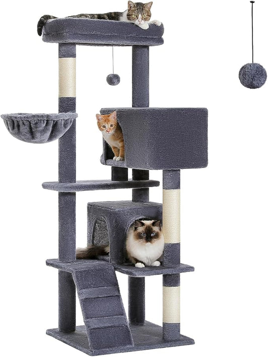 Cat Tree for Large Cats Adult with Super Large Top Perch, 56.3" Cat Tower for Large Cats with Plush Hammock, Cat Shelves and Dangling Pompom, Cat Scratching Posts and 2 Condos House, Dark Gray