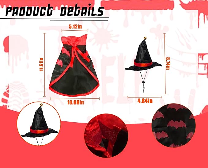 Halloween Cat Costume Cloak Witch Hat Accessories, Adjustable Bat Set, Small Cats Dogs and Other Pets Halloween Parties and Pet Cosplay