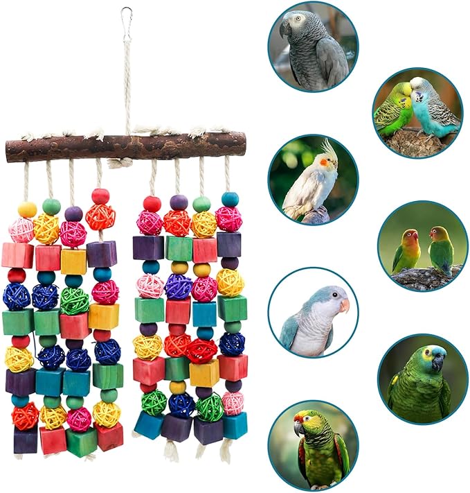 Bird Toys, Natural Bird Toys with Colorful Wooden Blocks, Bird Toys for Parrots, Bird Chew Toys for African Grey, Budgies, Cockatiels, Lovebirds, Conures, Quakers, Amazons, Small to Medium Birds