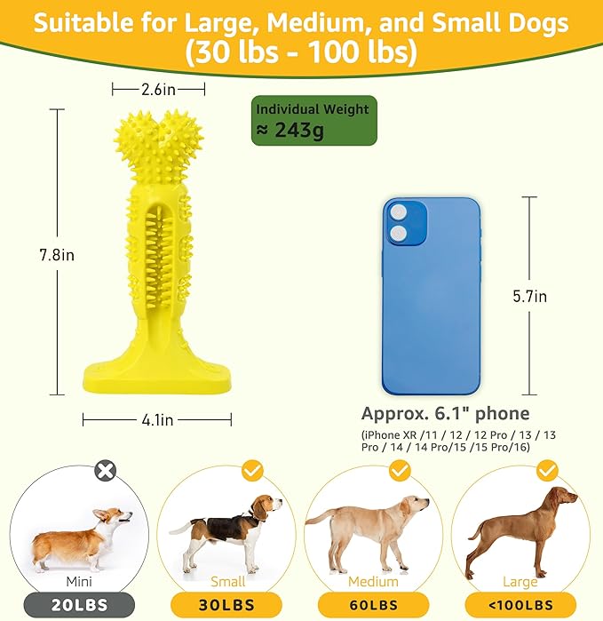 Dog Chew Toy for Teeth Cleaning, Natural Rubber Toothbrush Stick with 360° Bristles, Durable Dog Toys for Aggressive Chewers, Interactive Dental Toy for Medium and Large Dogs (Yellow)