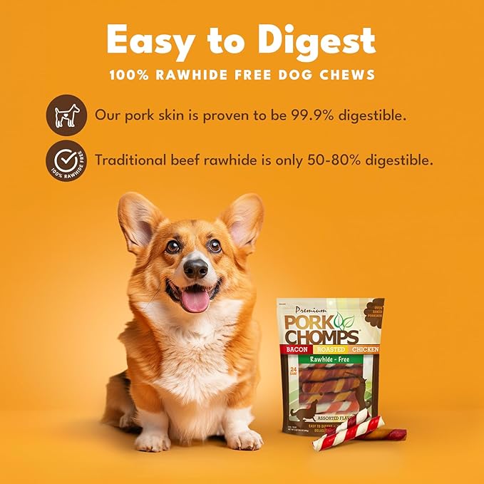 Pork Chomps Baked Pork Skin Dog Chews, 6-inch Twists, Assorted Flavors, 24 Count