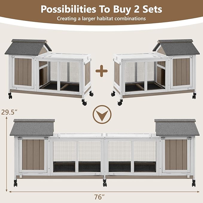 38''L Small Rabbit Hutch Outdoor Indoor with Wheels, Wooden Expandable 2 Story Bunny House Rabbit Cage with Run, Waterproof Roof, Pull Out Tray, Guinea Pig Cage Chicken Coop for Small to Medium Pets