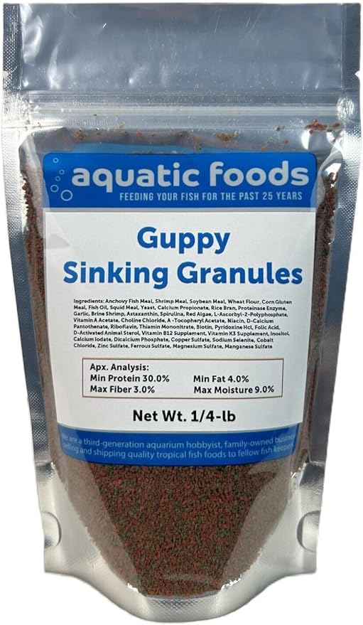 Aquatic Foods Inc. Guppy Micro Sinking Granules, Color Enhancing and Spirulina Mix for Guppies, Tetras, All Baby Cichlids...WL…1/4-lb Foil Pouch Bag