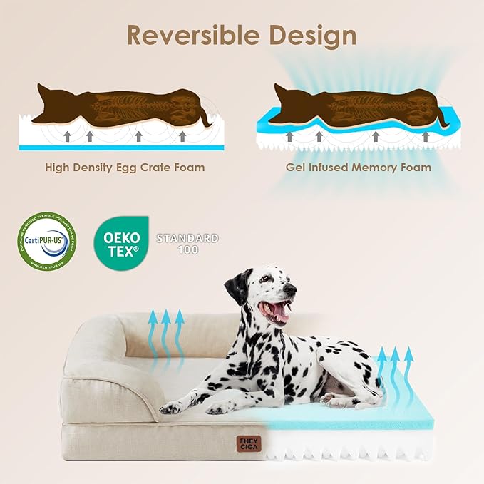 EHEYCIGA Orthopedic Dog Beds for Extra Large Dogs, Waterproof Memory Foam XXL Dog Bed with Sides, Non-Slip Bottom and Egg-Crate Foam Big Pet Couch Bed with Washable Removable Cover, Beige