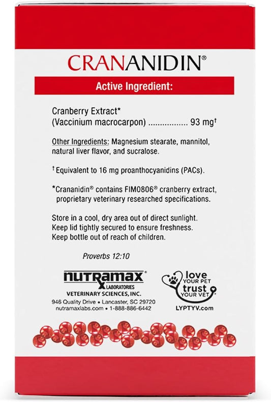 Nutramax Laboratories Crananidin Cranberry Extract Urinary Tract Health Supplement for Dogs, 75 Chewable Tablets