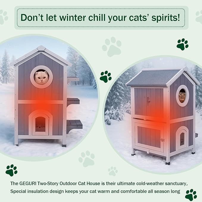 GEGURI Outdoor Heated Cat House Winter-Proof, Two-Story Insulated Shelter for Feral Cats with Thermal Layer, Removable Roof, Balcony & Escape Door