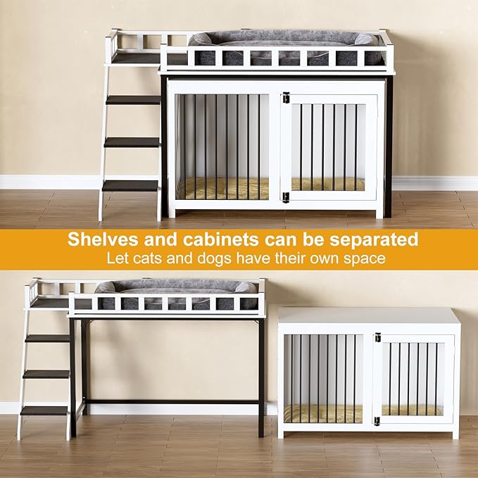 PakaLife Loft-Style Dog Crate Furniture with Double Doors, Heavy Duty Dog Kennel Indoor for Medium and Large Dogs, Wooden Pet House with Multi-Purpose Blanket and Fluffy Dog Bed