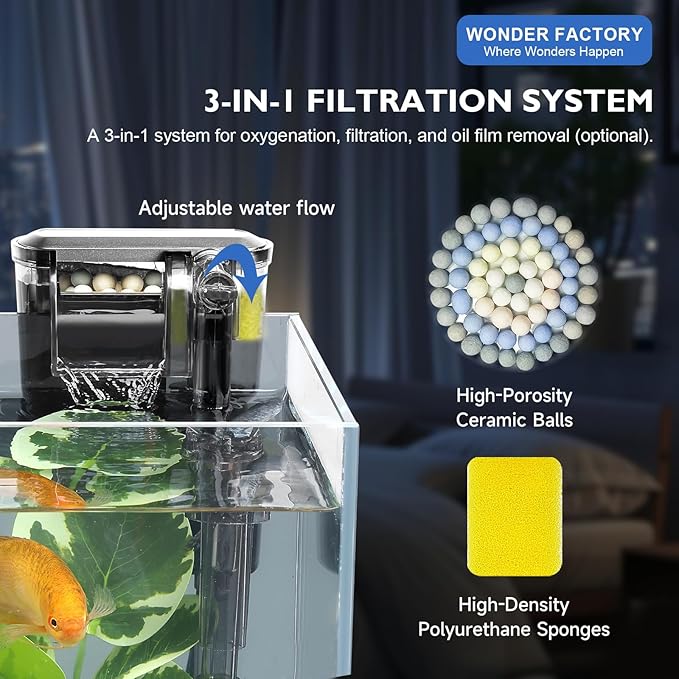 Desktop Betta Small Aquarium Glass Fish Tank 1.25 Gallons Complete Set, Self Cleaning Filter System Bright LED Light Gravel Plant Cleaning Tool, Starter Kit Small Space Easy Setup Space-Saving Design
