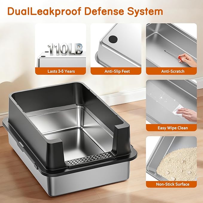 Stainless Steel Litter Box - 28" Extra Large XXXL Cat Litter Box with High Sides, Non-Sticky & Anti-Leakage for Big Cats/Multiple Cats, Includes Heavy Duty Metal Scoop (Black)