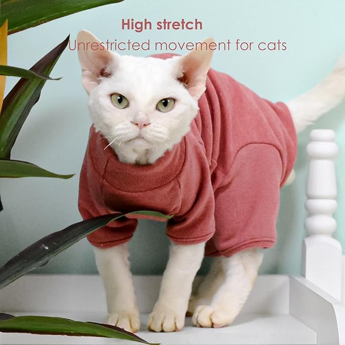 Sphynx Cat Sweater –Hairless Cats Shirt Pullover Kitten T-Shirts with Belly-Wrap Protection, Soft-Stretch Winter Clothes for Hairless Cats, Indoor Kitten Apparel (Red, S)