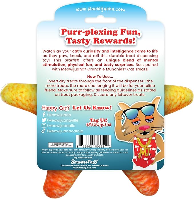 Meowijuana Knock N' Nibble Starfish & Seafood Treat Bundle | Crunchie Munchie Catnip Treats | Refillable Treat Dispensing Toy | Interactive Puzzle Toy for Felines