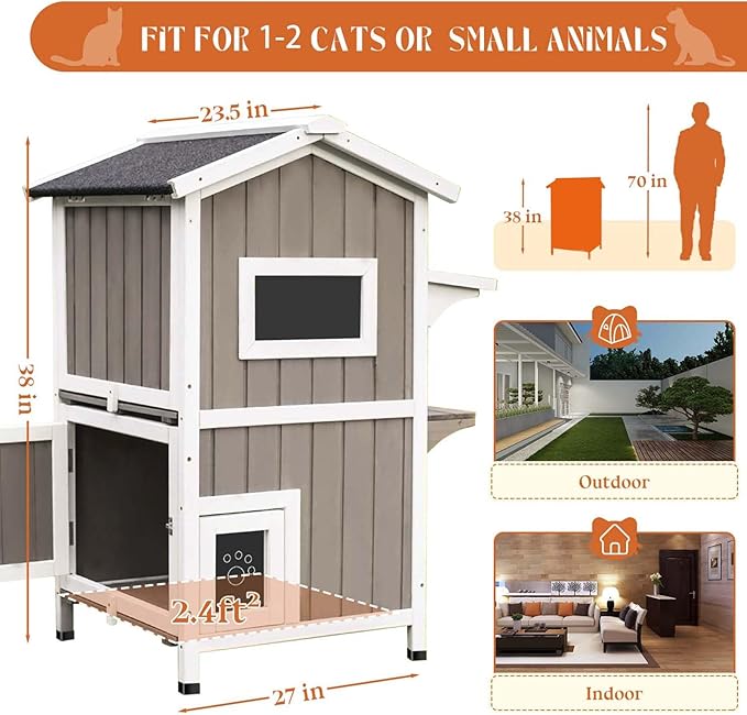 Outdoor Cat House Weatherproof Cats Shelter for Feral Kitten Pet Houses for 1-2 Small Animlas 2 Story Wooden Houses for Indoor Outdoor Cats with Escape Doors (23.5" L x 27" W x 38" H Grey)