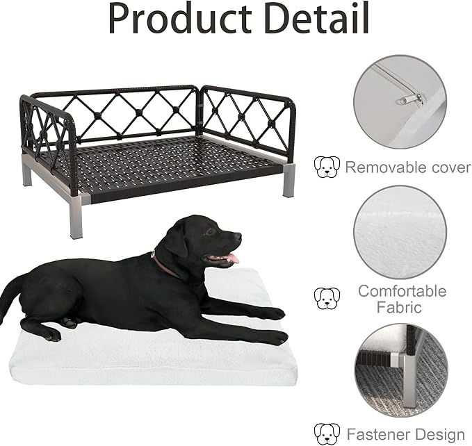 Wicker Dog Bed with 2" Cushion,Rattan Dog Sofa Bed for Small Medium Dogs– Indoor/Outdoor Metal Frame Pet Bed up 66lbs(Black Rattan White Cushion)
