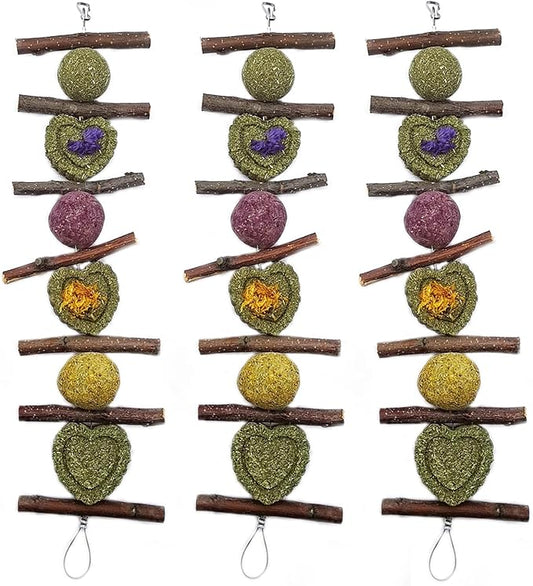 3Pcs Bunny Chew Toys for Teeth Grinding Bunny Hanging Natural Apple Twigs Timothy Hay Grass Cakes Multiple-Grass Ball for Rabbits Guinea Pigs Chinchillas Gerbils Hamsters Improves Dental Health
