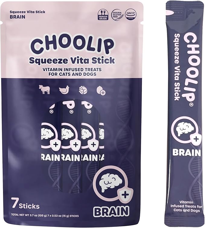 Squeeze Vita Stick Lickable Cat and Dog Treats – 7-Count Brain Support Sticks with Multivitamins, Soft Squeezable Paste for All Life Stages, Supporting Brain Health