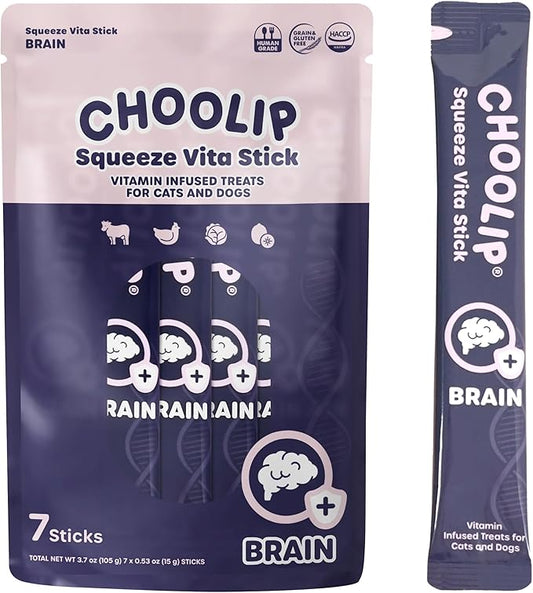 Squeeze Vita Stick Lickable Cat and Dog Treats – 7-Count Brain Support Sticks with Multivitamins, Soft Squeezable Paste for All Life Stages, Supporting Brain Health