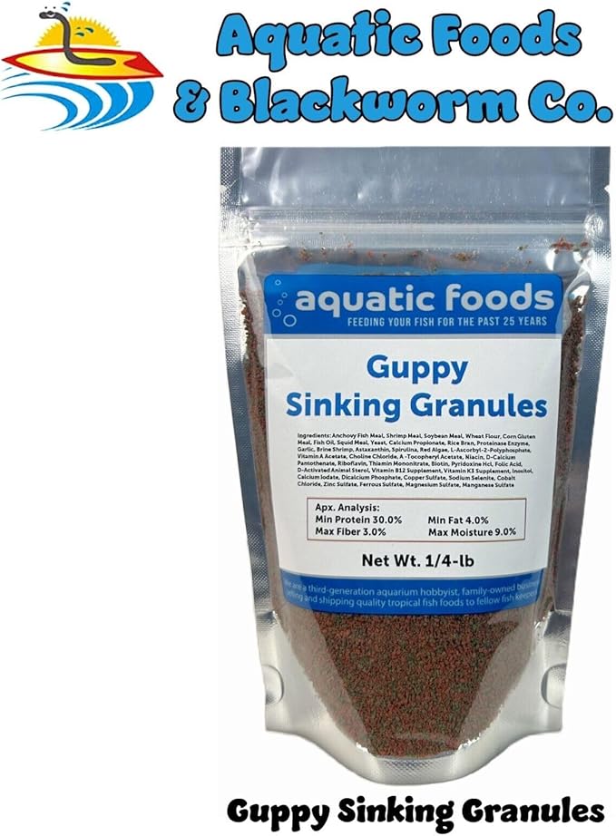 Aquatic Foods Inc. Guppy Micro Sinking Granules, Color Enhancing and Spirulina Mix for Guppies, Tetras, All Baby Cichlids...WL…1/4-lb Foil Pouch Bag