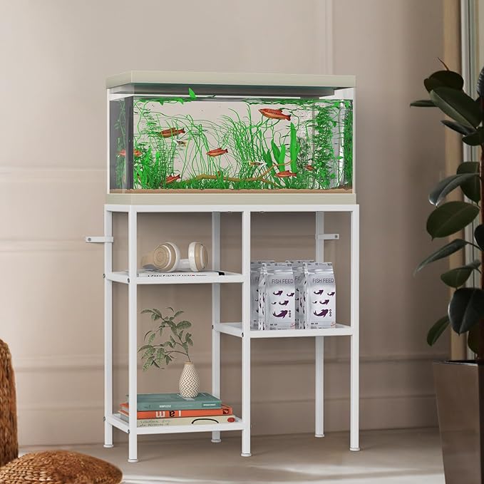 YBING Fish Tank Stand 20 Gallon Aquarium Stand Aquarium Turtle Tank Reptile Tank Stand with 3-Tier Small Metal Shelf (White)