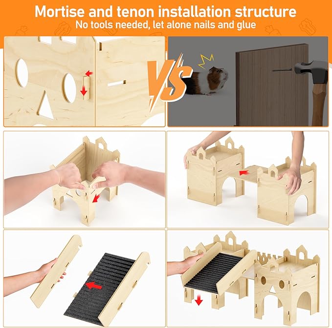 Guinea Pig Hideout House, Advanced Wooden Hamster House with Climbing Ladder & Multi-Holes, Bunny Castle Tower Toy for Guinea Pig Chinchilla Gerbil Hedgehog Small Animal House Habitat Hut ﻿