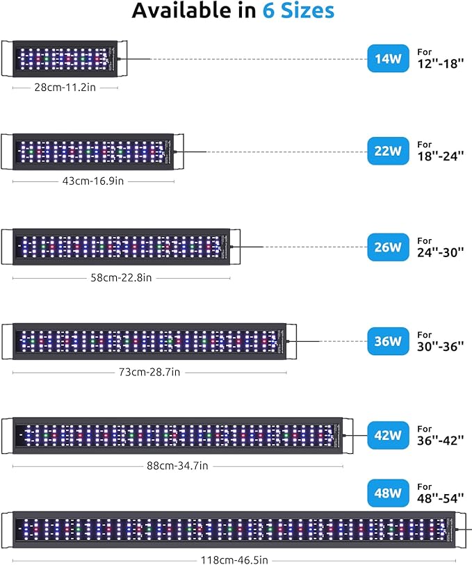 Aquarium Plant Light with Temperature Detector, 18-24in Full Spectrum Fish Tank Lights, 24/7 Programmable with Power Off Memory, WRGB Custom, 20 Level Dimmable for Freshwater Aquariums