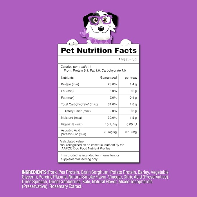 Soft Healthy Dog Treats for Immune Support & Training Snacks Made with Spinach, Cranberry & Kale - Smoky Pork - 16 oz