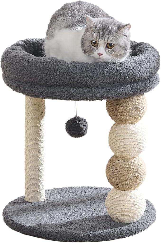 YOCAN Small Cat Tree Tower Indoor with Large Cozy Plush Top Perch, Natural Sisal Scratching Posts, Interactive Dangling Ball Great for Kittens and Cats (Gray)