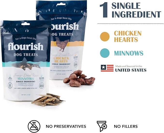 Flourish Pets Freeze Dried Raw Pet Treats for Dogs (Lg Minnows & Lg Chicken Hearts, 2-Pack)