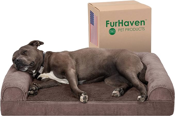 Furhaven Orthopedic Dog Bed for Large/Medium Dogs w/ Removable Bolsters & Washable Cover, For Dogs Up to 55 lbs - Faux Fur & Velvet Sofa - Driftwood Brown, Large