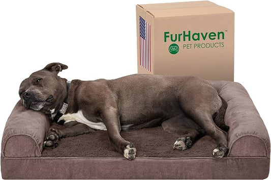 Furhaven Orthopedic Dog Bed for Large/Medium Dogs w/ Removable Bolsters & Washable Cover, For Dogs Up to 55 lbs - Faux Fur & Velvet Sofa - Driftwood Brown, Large