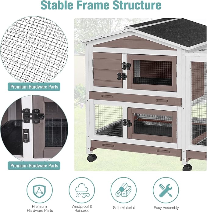 Rabbit Cage,Indoor Rabbit Hutch with Matel Frame and Pull Out Tray,Bunny Hutch Chicken Coop with Run (Brown)