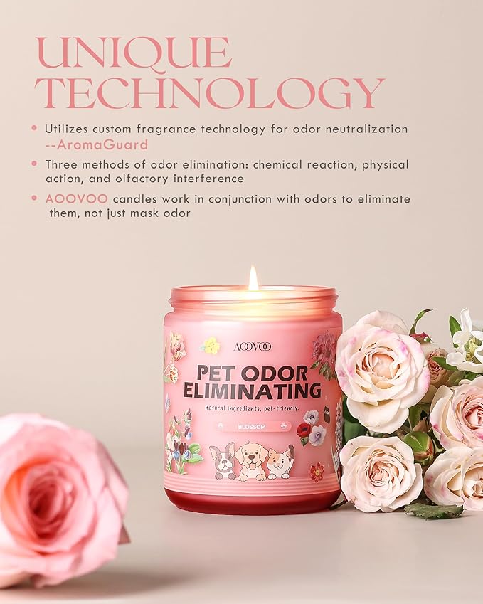 AOOVOO Pet Odor Eliminator Candle - Blossom Odor Eliminating Candle, Highly Fragranced Air Freshing Scented Candles, Natural Soy Wax, 9 oz