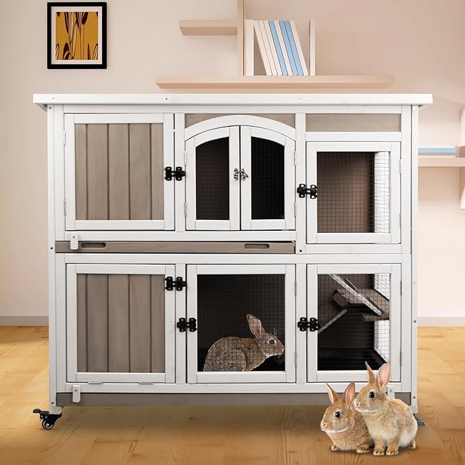 42.7" L Rabbit Hutch Indoor Outdoor 2-Story Rabbit Cage with 4 Wheels,Guinea Pig Cage Bunny Hutch with 2 Pull Out Trays,Bunny Cage with Asphalt Roof for Small to Medium Animals