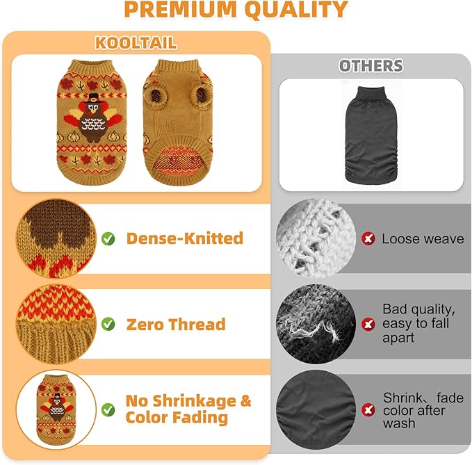 KOOLTAIL Cat Sweater Turtleneck- Soft Knit Cat Thanksgiving Sweaters for Cats Only, Turkey Pattern Thick Warm Cold Weather Pet Clothes Outfit for Small Medium Large Size Kitten Puppy Brown S