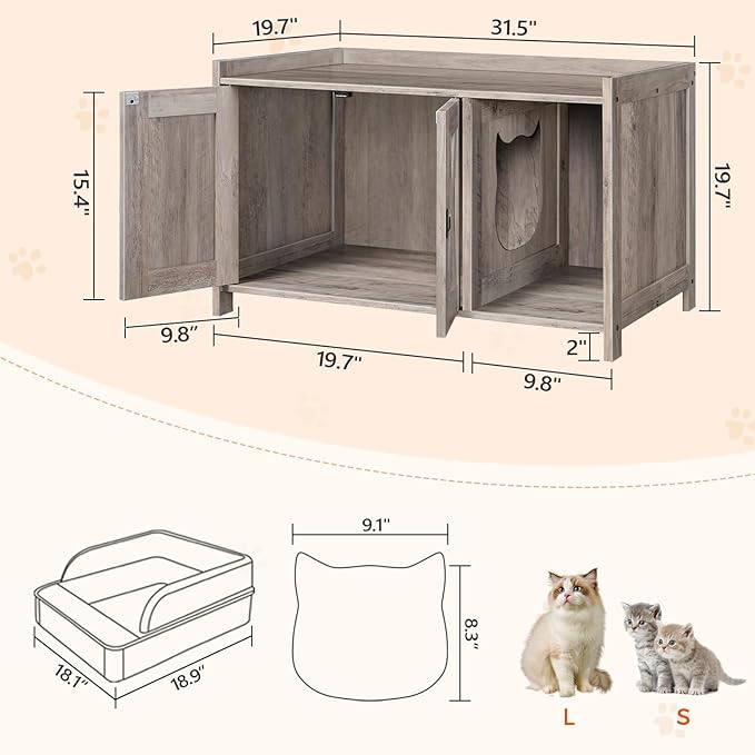 Cat Litter Box Enclosure, Hidden Litter Box Furniture with Divider, Indoor Cat House, Wooden Washroom Storage Cabinet Bench, as End Table, for Living Room, Bedroom, Greige CWHG2501Z