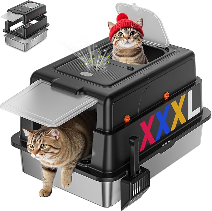 Stainless Steel Litter Box with Lid, 28" XXXL Large Cat Litter Box Enclosed for Multiple Cats, Odor Control with Carbon Filters, Anti-Leak High Sided, Includes Removable Lid & Scoop, Black