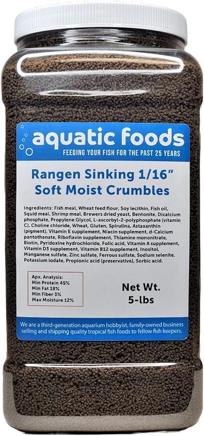 Aquatic Foods Inc. 1/16" Soft Moist Sinking Salmon Crumbles for Baby Axolotls, Shrimp, Snails, Crabs, Small Amphibians, Bottom Tropical Fish...5-lb Lg Jar