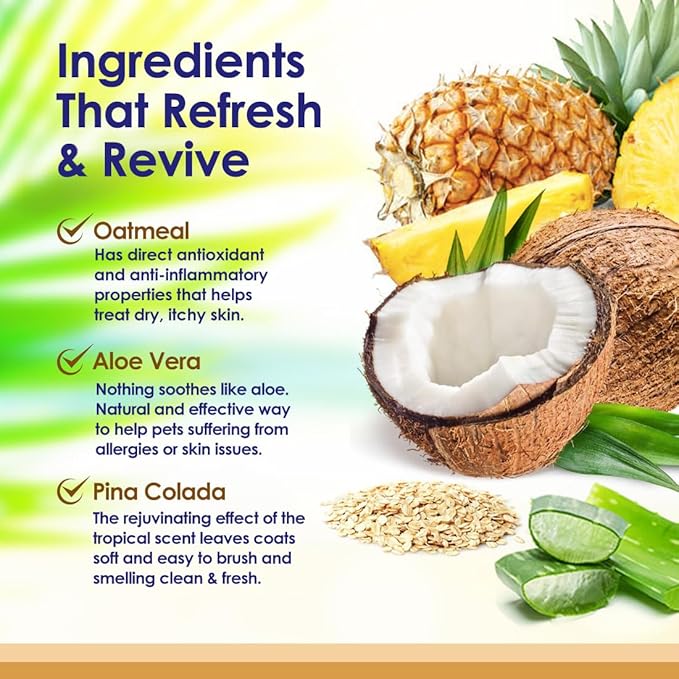 Oatmeal Dog Shampoo with Soothing Aloe Vera, Sensitive Skin Dog Shampoo for All Pets, with Tropical Fresh Pina Colada Scent, Hypoallergenic Formula Provides Relief from Allergies & Dry Itchy Skin