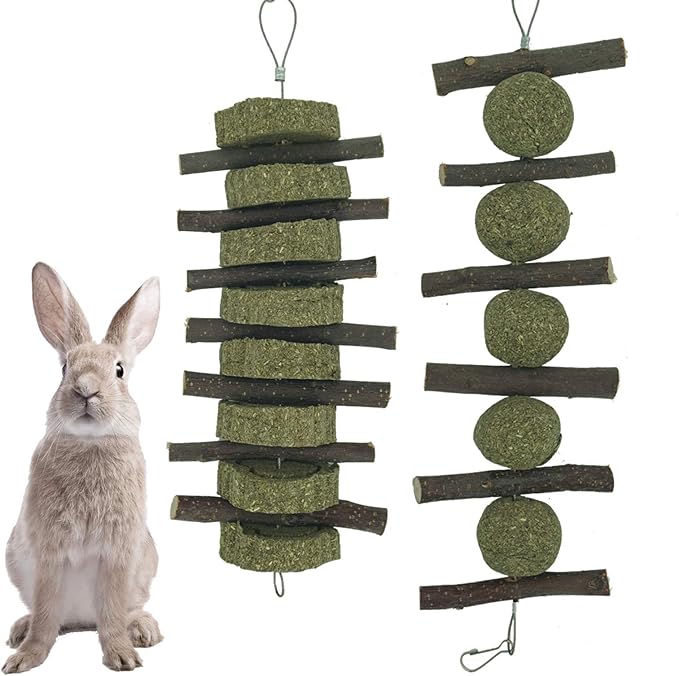 Natural Rabbits Treats Aple Branches pple Sticks with Timothy Hay Balls Grass Cake Hanging Chew Toys for Hamsters,Bunny, Chinchilla,Guinea Pigs