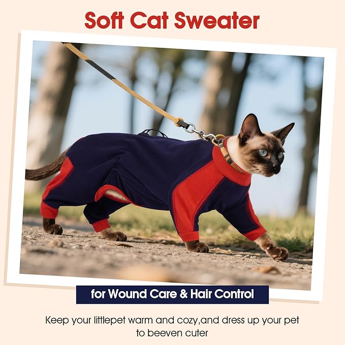 DENTRUN Cat Clothes with Anti-Shedding Fabric - Soft Recovery Suit & Breathable Lint-Resistant Cat Sweater for Wound Care & Hair Control, Kitten Onesie Pajamas, M, Dark Blue