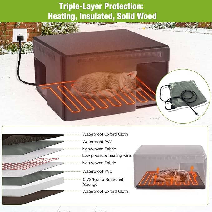 GUTINNEEN Heated Cat House with Heating Pad & 100% Insulated Liner, Weatherproof Outdoor Kitty Shelter for Winter, Warm Shelter for Outdoor Cats and Feral Cats