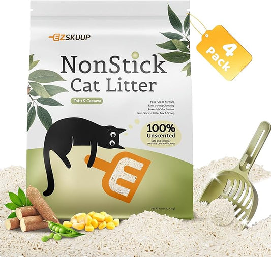 Non-Stick Strong Clumping Cat Litter, 4Packs Plant Odor Control Tofu Cat Litter + Cassava Mixed Litter, Low Dust Easy to Scoop, Light Color for Health Tracking, 36Lb