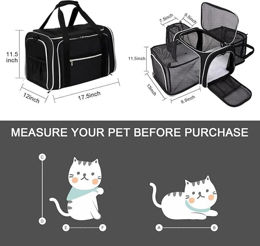 BAGLHER Expandable Cat Carrier with Travel Litter Box, Pet Travel 5 Sides Open Doors 3 Sides, Leak-Proof and Collapsible, for Car, Airplane Trip, Black