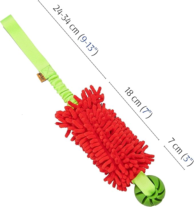 Dingo Dog tug of war Toy for Outdoor Play and Traning Agility, Interactive Toy with Bungee Shock Absorber and Rubber Ball, Cuddly and Shaggy Plush tug Toy for Motivation and Fun, Color: red 15588