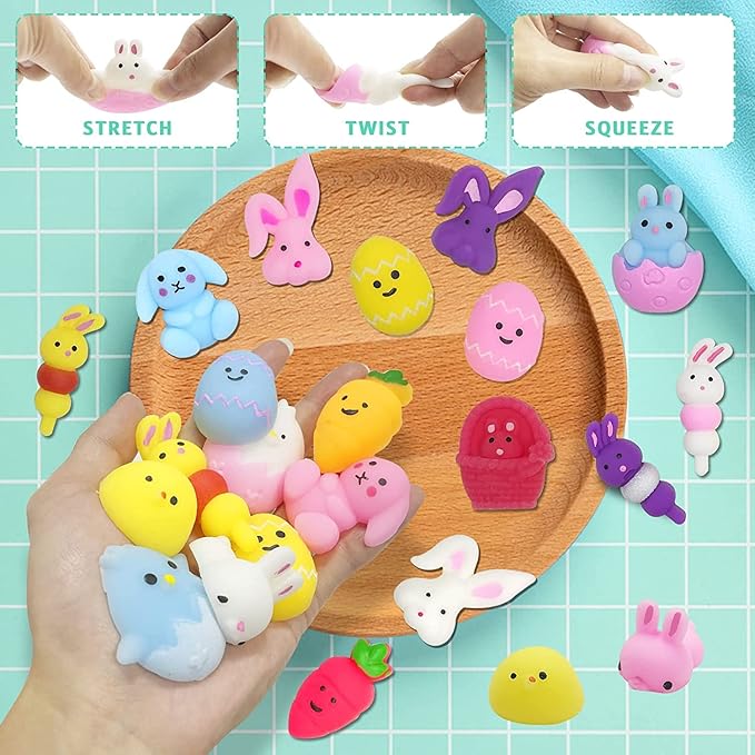 24Pcs Easter Mochi Squishy Toys Stress Relief Squishies for Kids Boys Girls Toddlers Easter Basket Stuffers Egg Fillers Gifts Party Favors