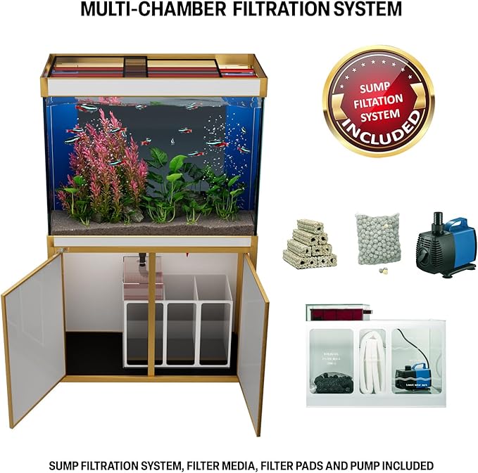 100 Gallon Aquarium Fish Tank with Upright Fishtank Stand Water Pump Freshwater Filter LED Bundle and Straight Corners Clear Glass - White with Gold Trims