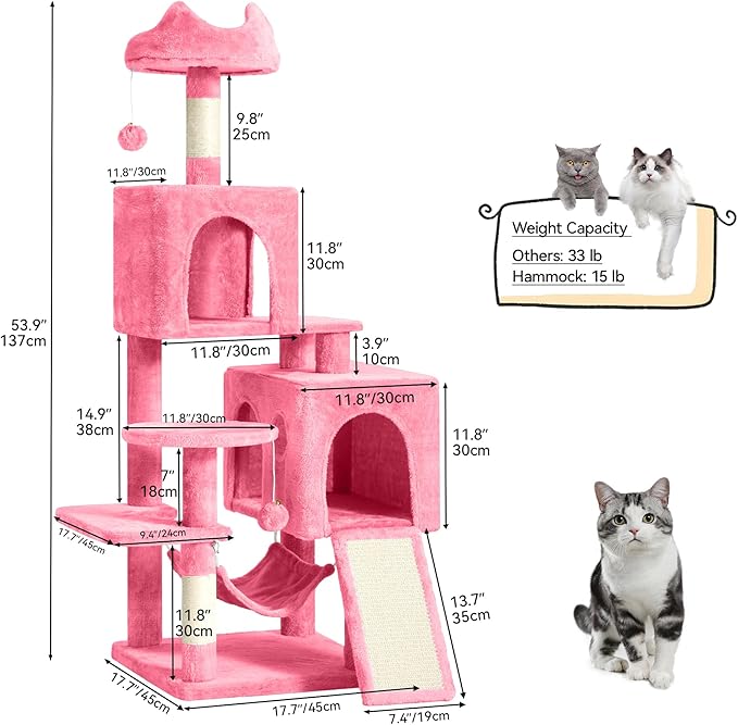 DWVO 54 in Multi-Level Cat Tower: Cats Tree for Indoor Kittens, Pet Furniture with Kitty Condos, Sisal Scratching Posts, Plush Perches, Cozy Hammock, Pink